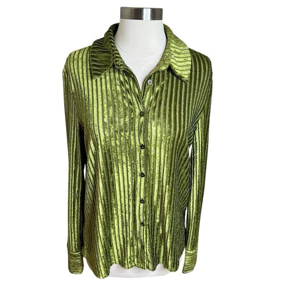 House Of Harlow 1960 Top Size Medium Green Metallic Velvet Button Up Retro Boho - Picture 1 of 10